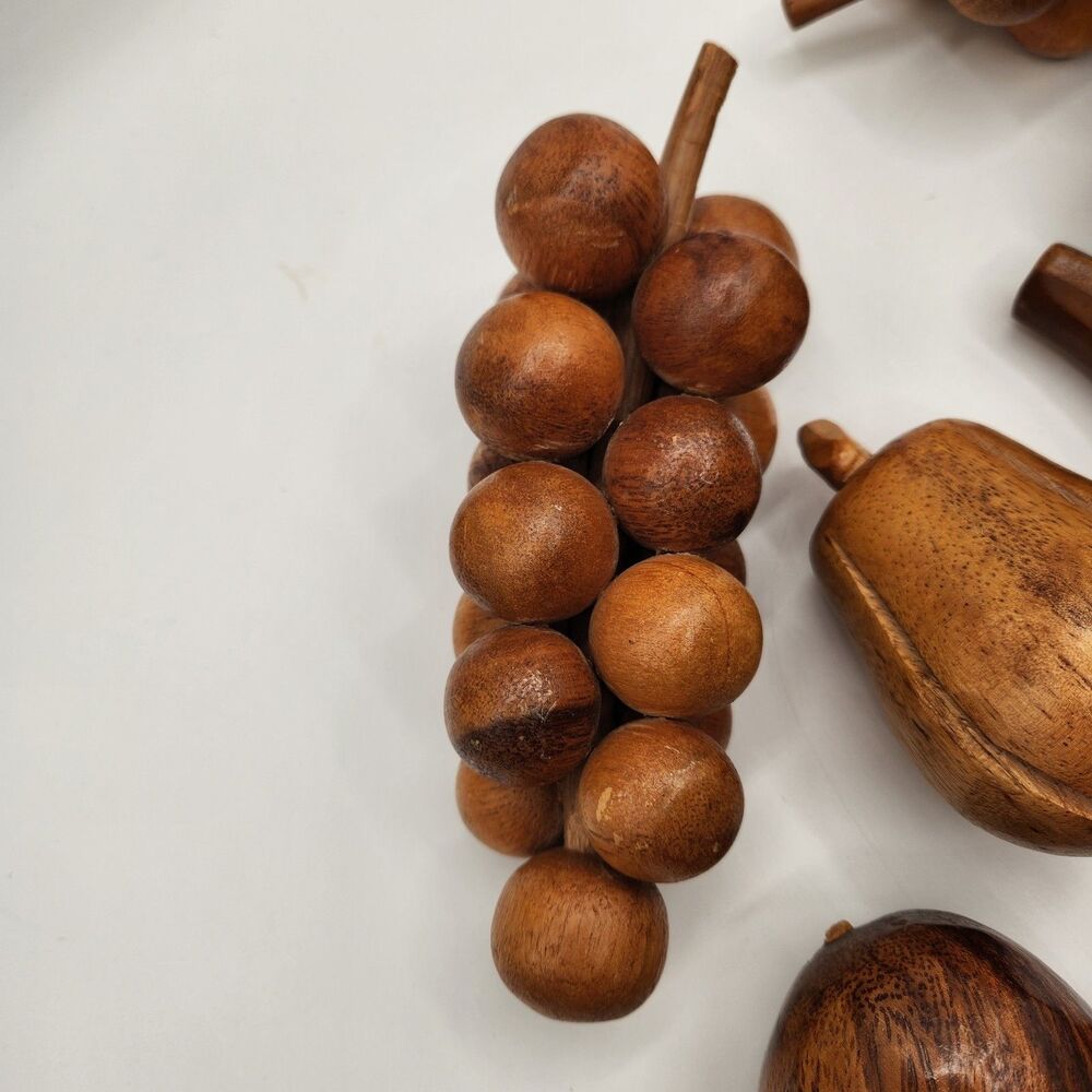 Carved Wooden Fruit 9 Pieces Dining Table Decor MCM Grapes Pear Apple Banana - Picture 2 of 15